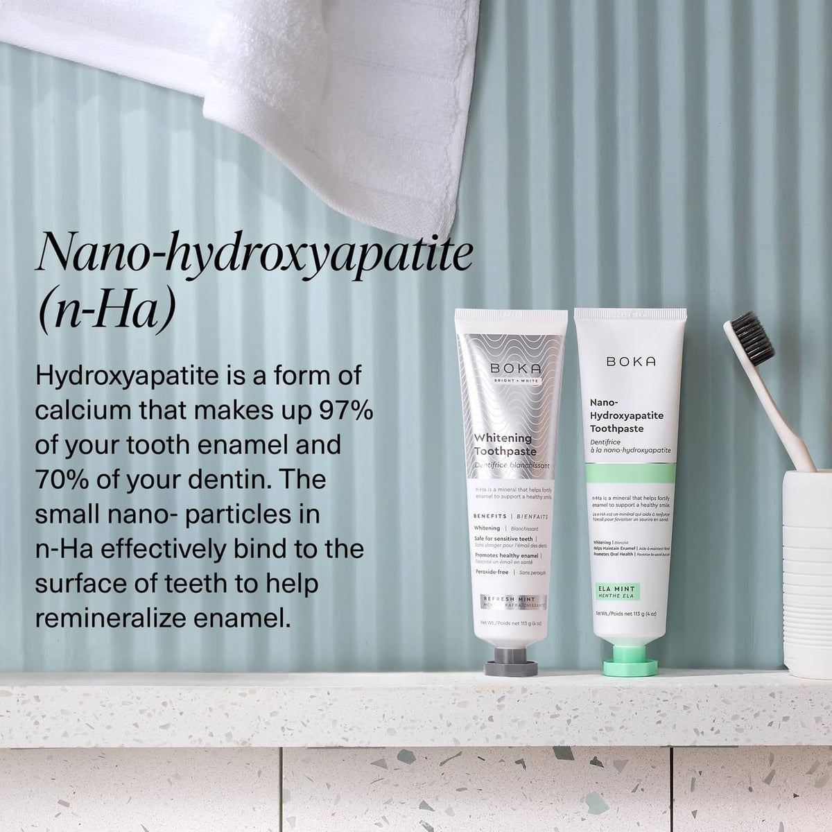 Fluoride-free nano-hydroxyapatite toothpaste tube with green cap and informational label