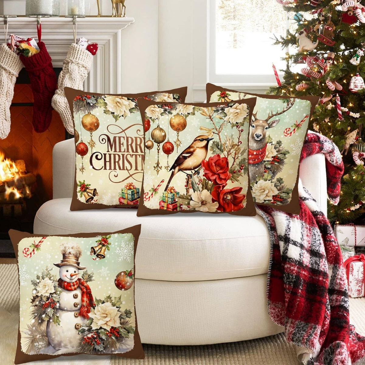 Set of 4 Christmas decorative throw pillows with Merry Christmas, snowman, deer, and rose bird