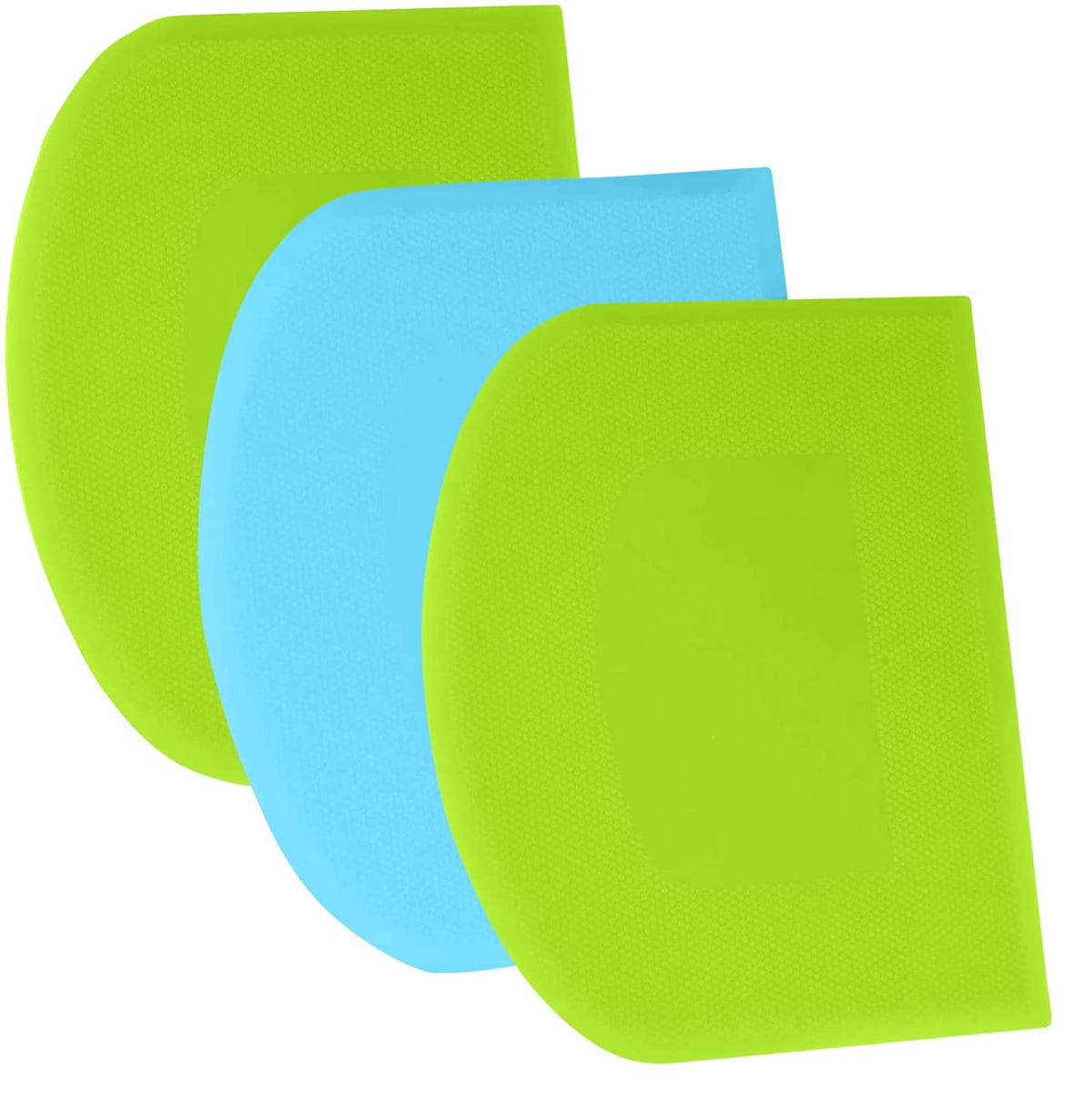 Dough scraper bench pads in green and blue, stacked
