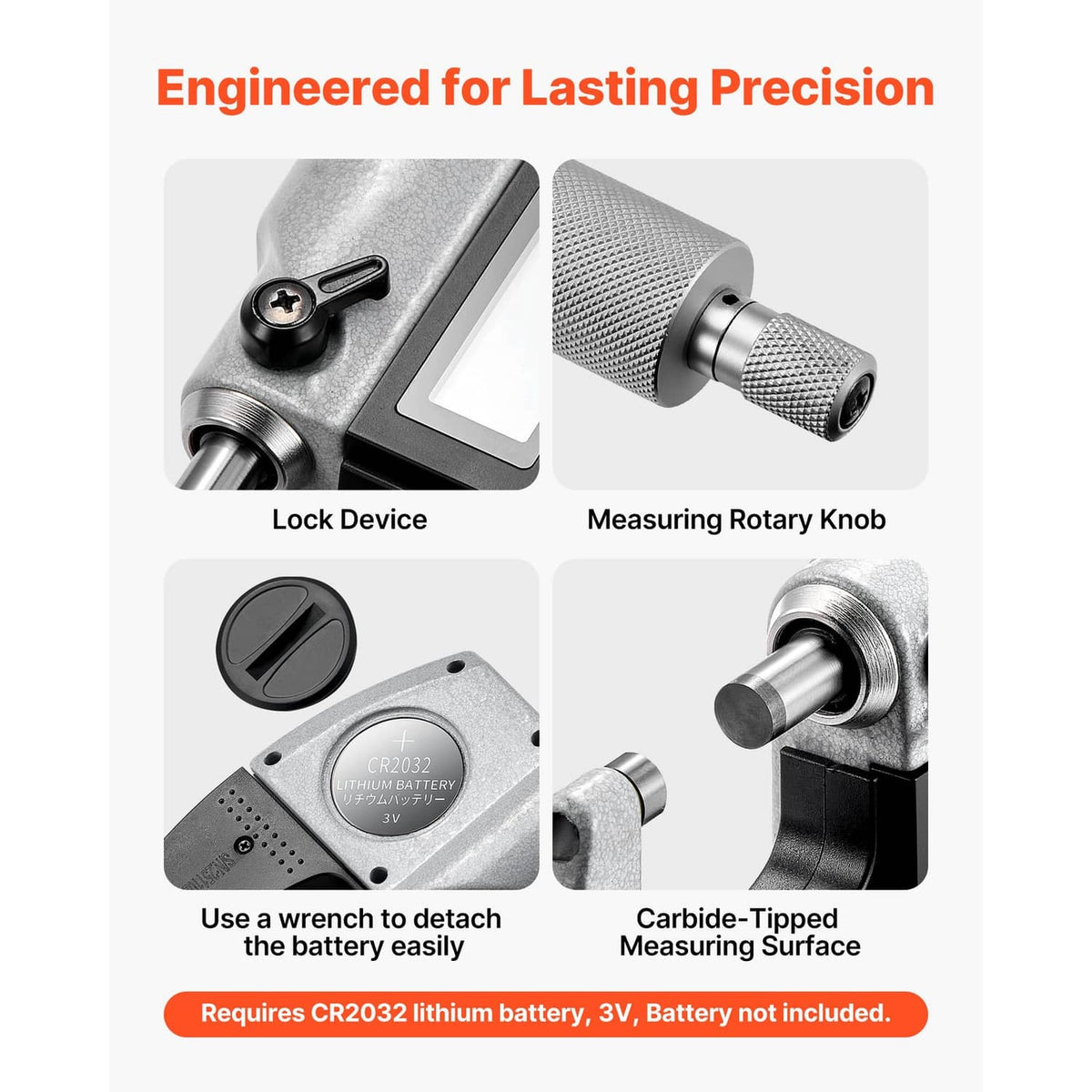 Digital micrometer close-up of rotary knob and lock device