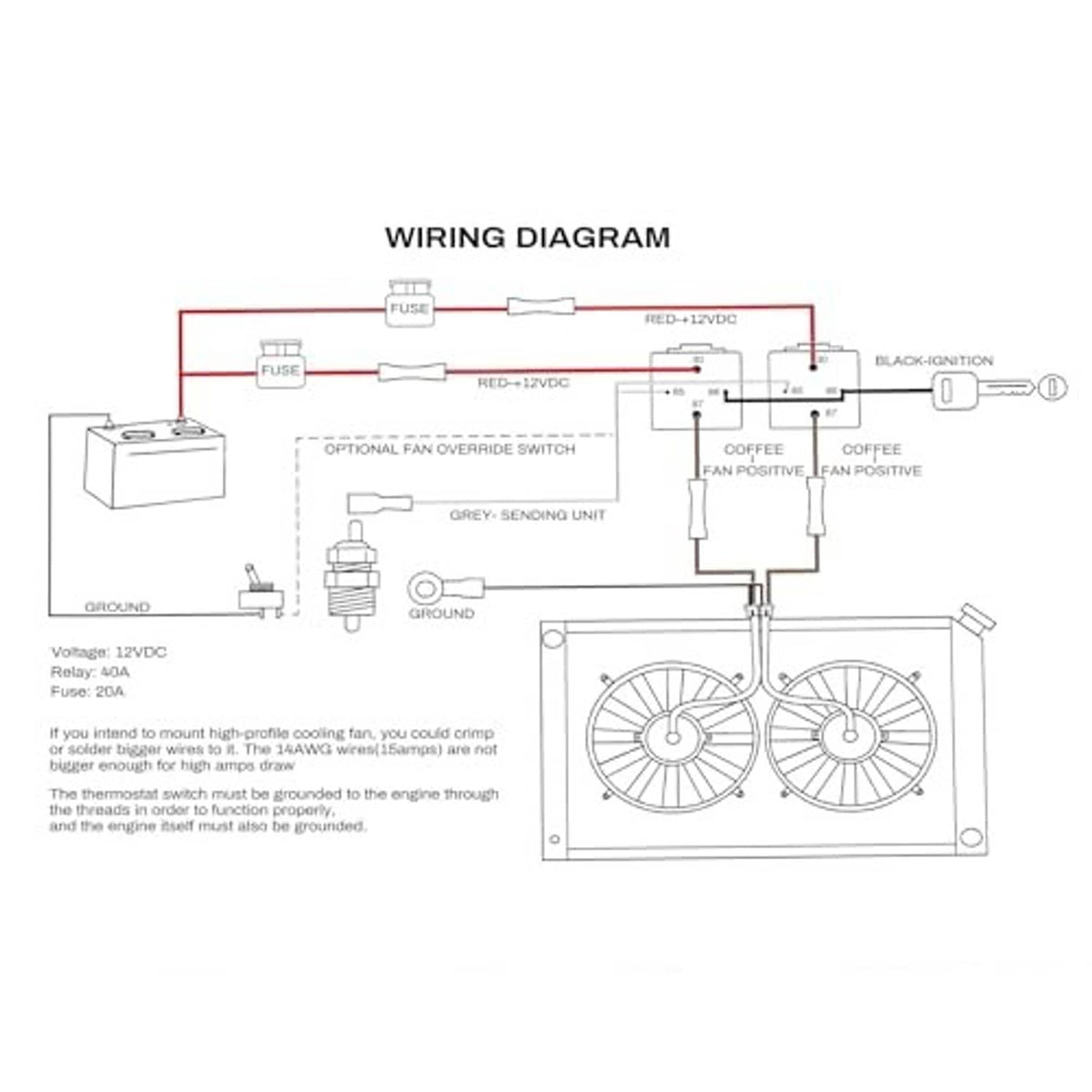 Wiring diagram for 12V dual radiator fan relay controller with fuse and relay connections