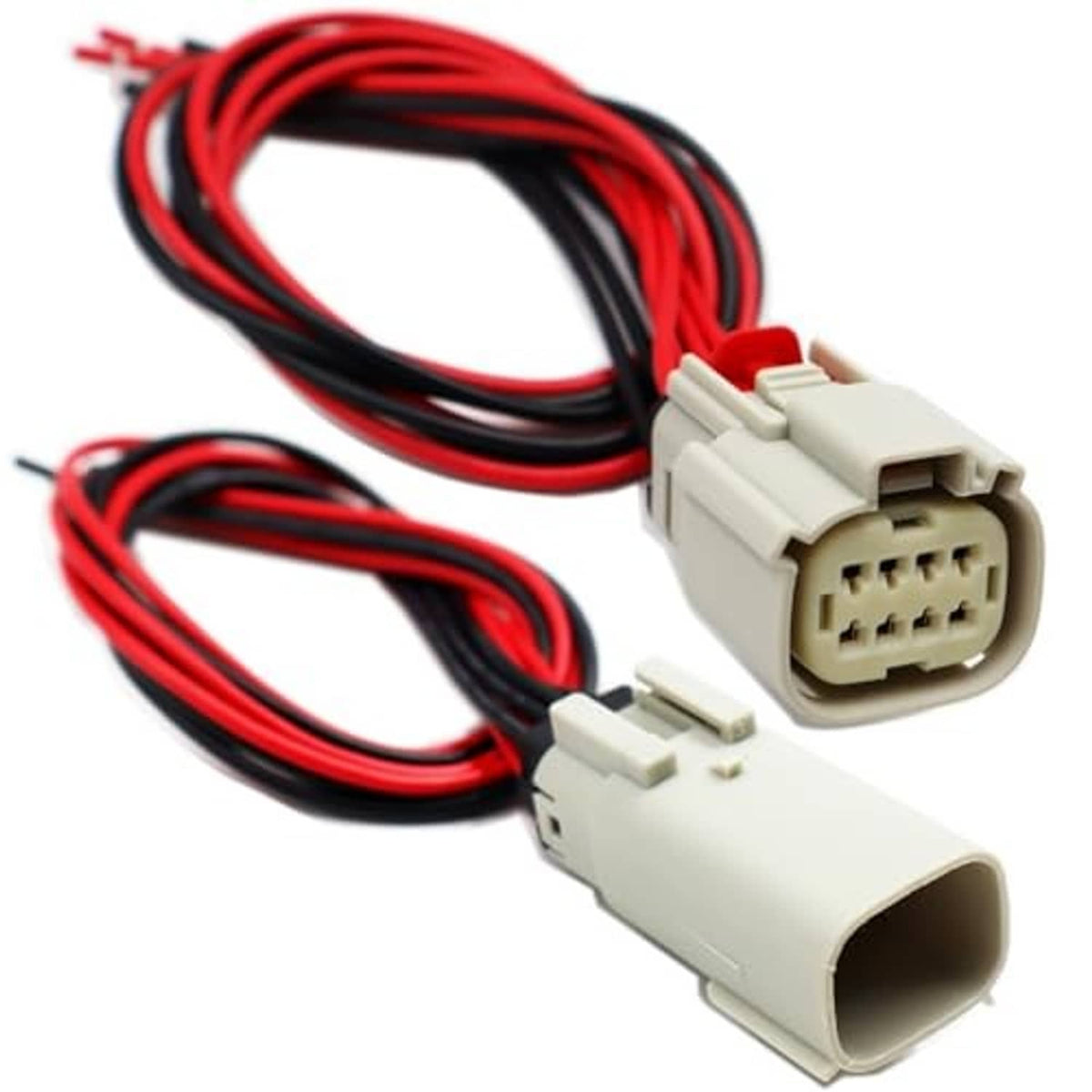 LED headlight connector harness with two white multi-pin plugs and red/black wires
