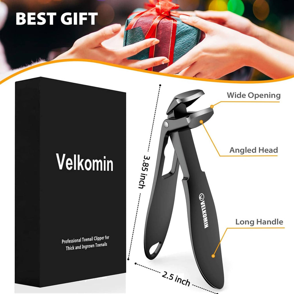 Black long-handled toenail clippers with angled, curved head and wide opening.