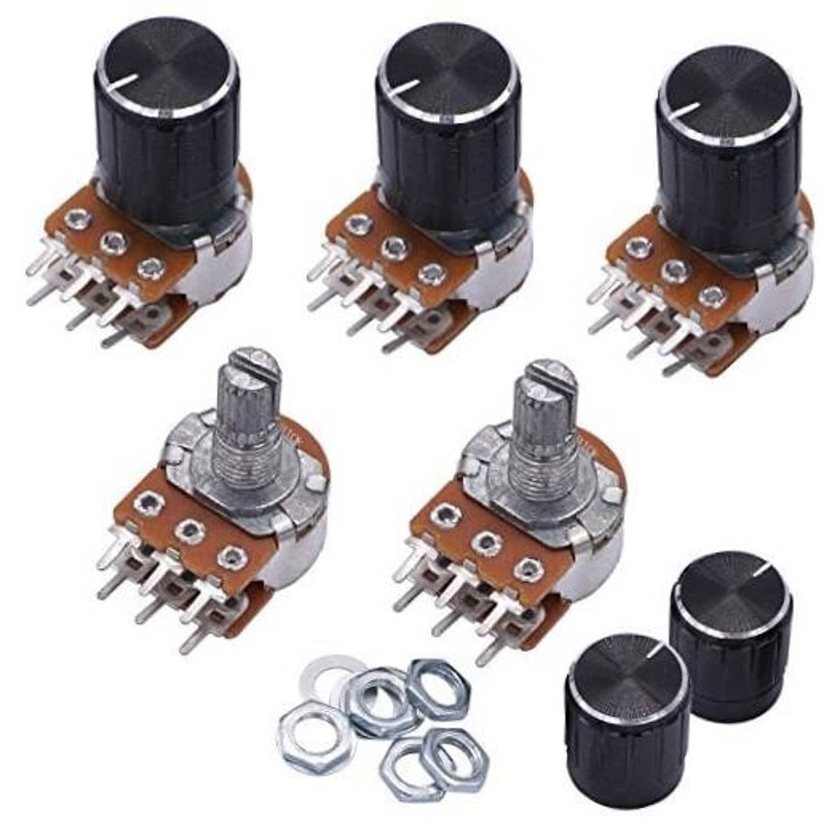 Split-shaft potentiometer with black knurled knob, 6-pin PCB mount, metal shaft