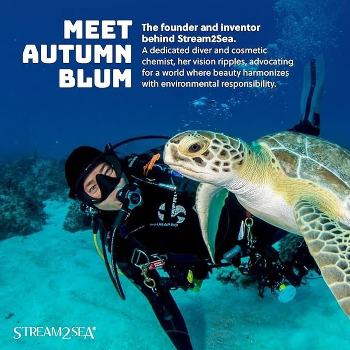 Mask defog spray bottle near a scuba diver and turtle in water