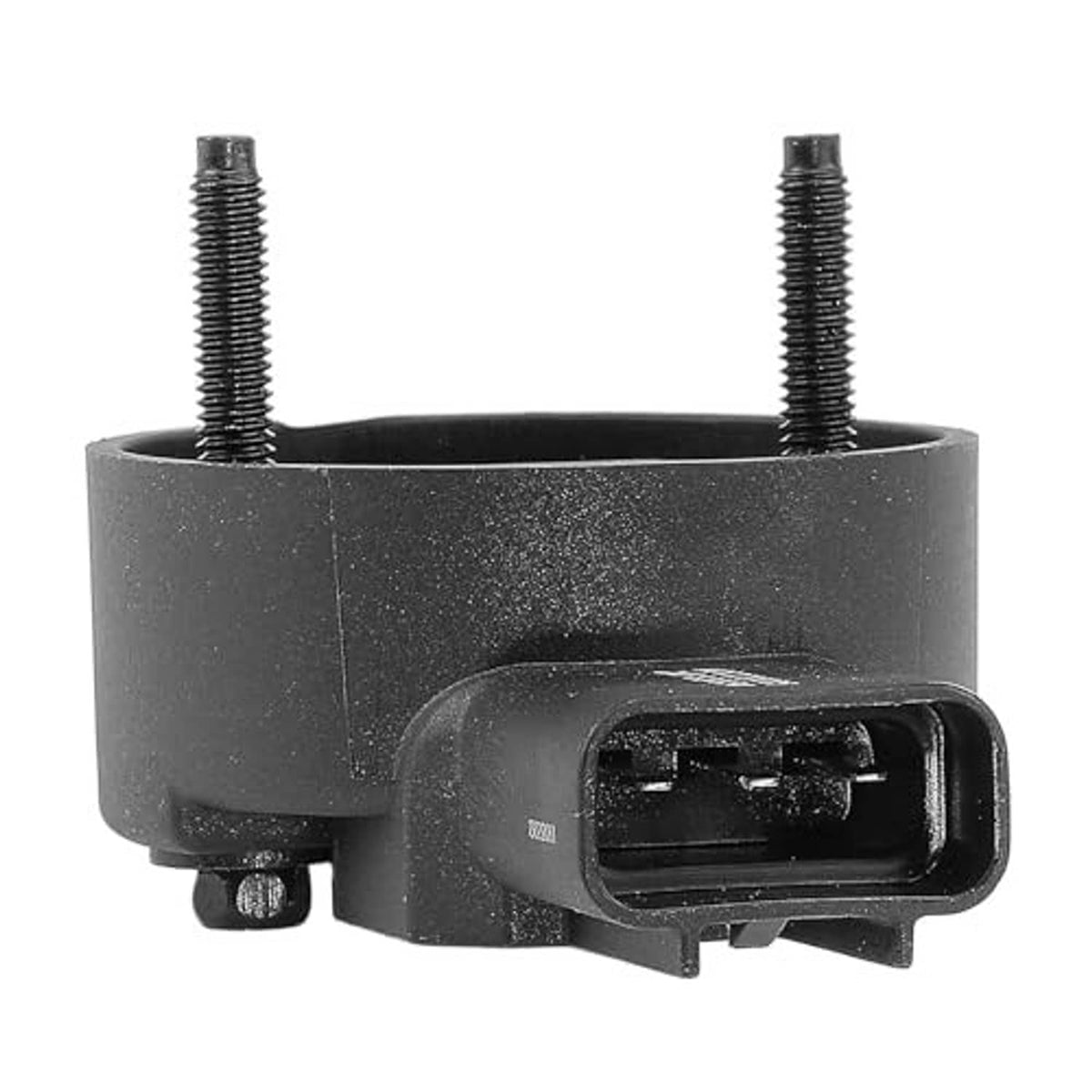 Black camshaft position sensor end view with two studs and rectangular electrical connector