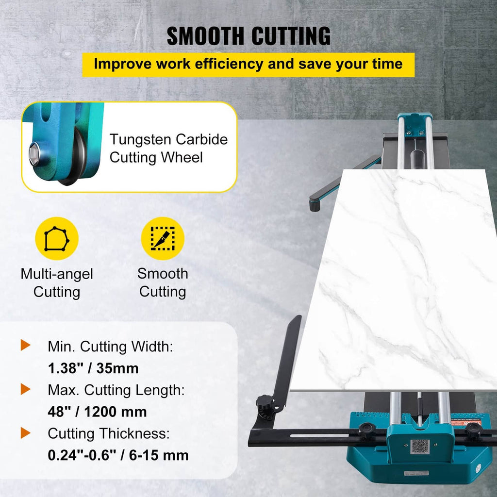 Manual tile cutter with carbide cutting wheel and smooth-cut scoring carriage