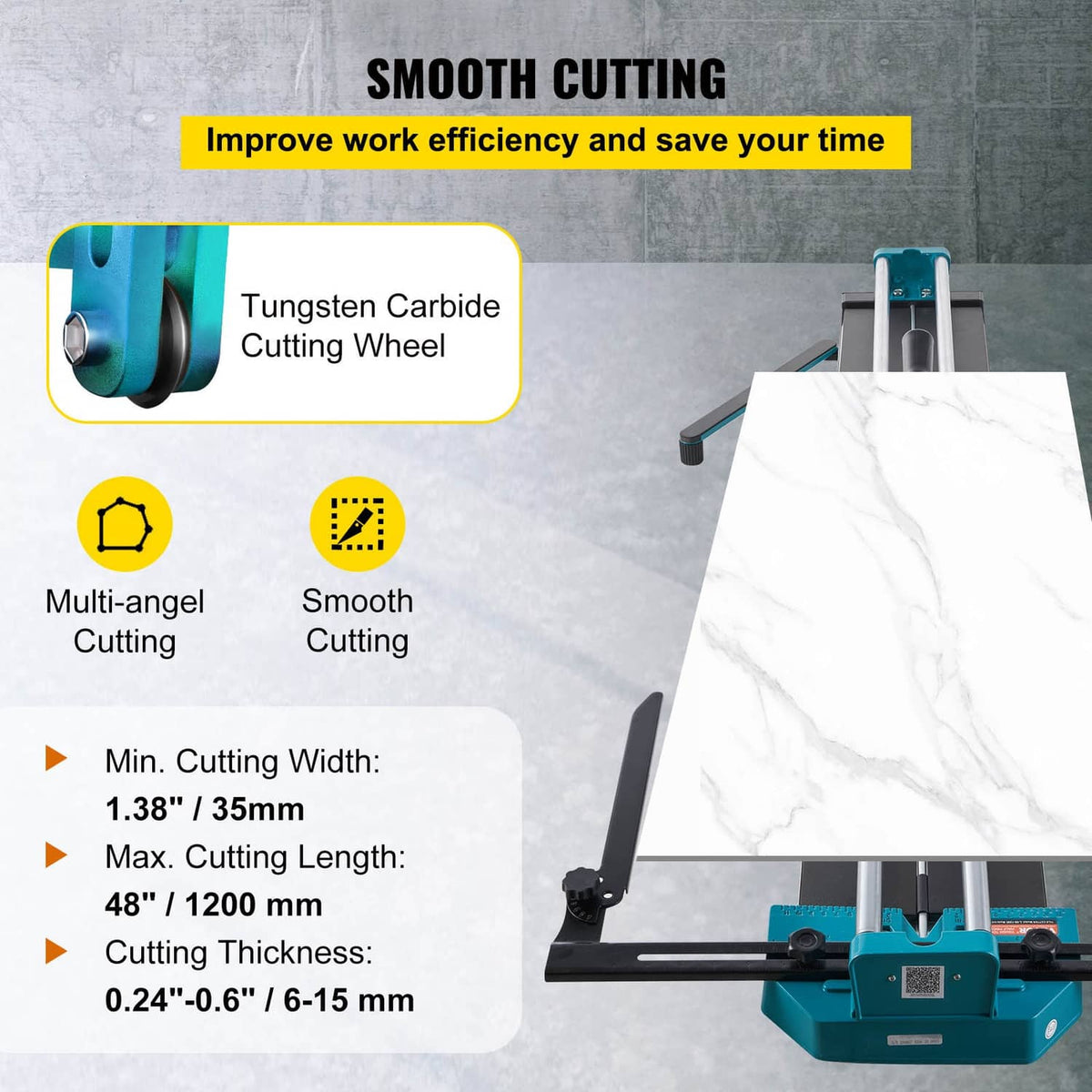 Manual tile cutter with carbide cutting wheel and smooth-cut scoring carriage