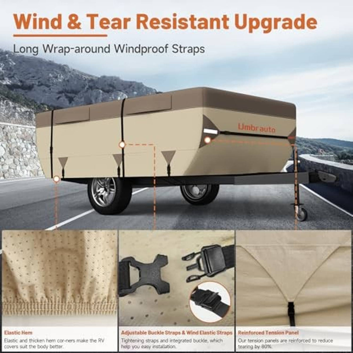 Pop-up camper cover with long wrap-around windproof straps, Umbrauto logo