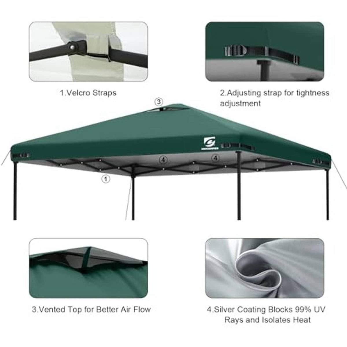 Green vented canopy top cover with side velcro straps and silver UV coating