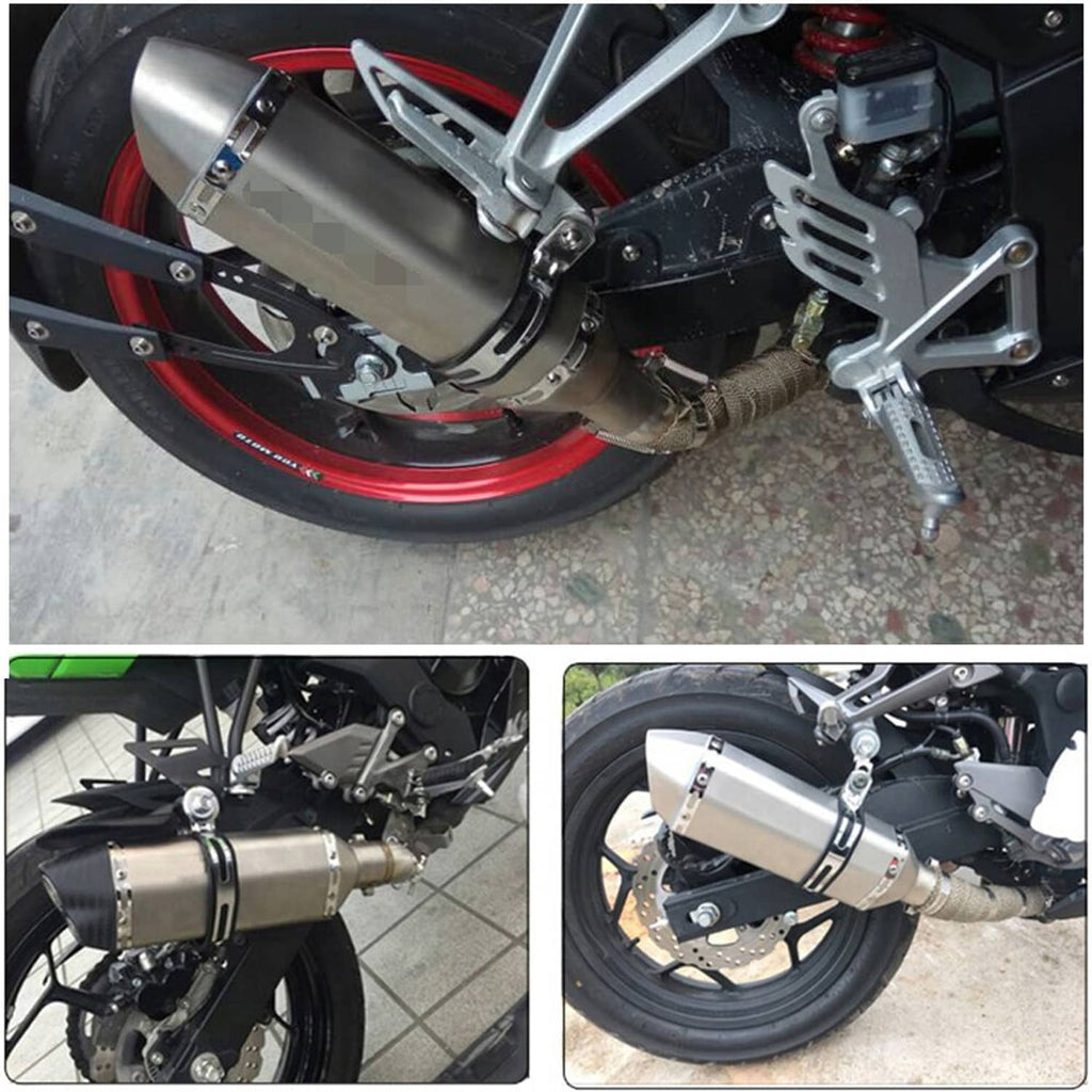 Motorcycle exhaust muffler installed near rear wheel, silver canister and bracket