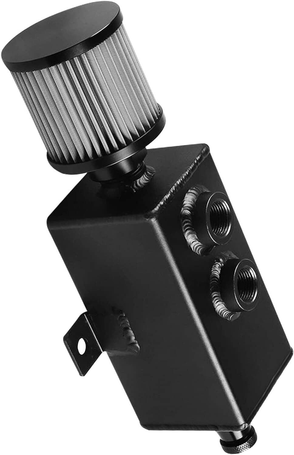 Baffled oil catch can reservoir tank with attached cylindrical filter and side ports