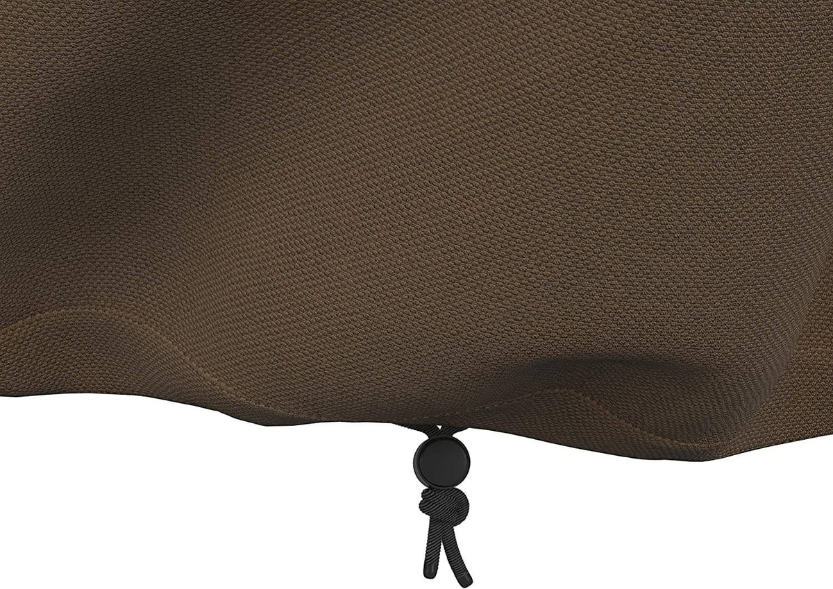 Brown fabric bottom edge of outdoor couch cover with drawstring closure.