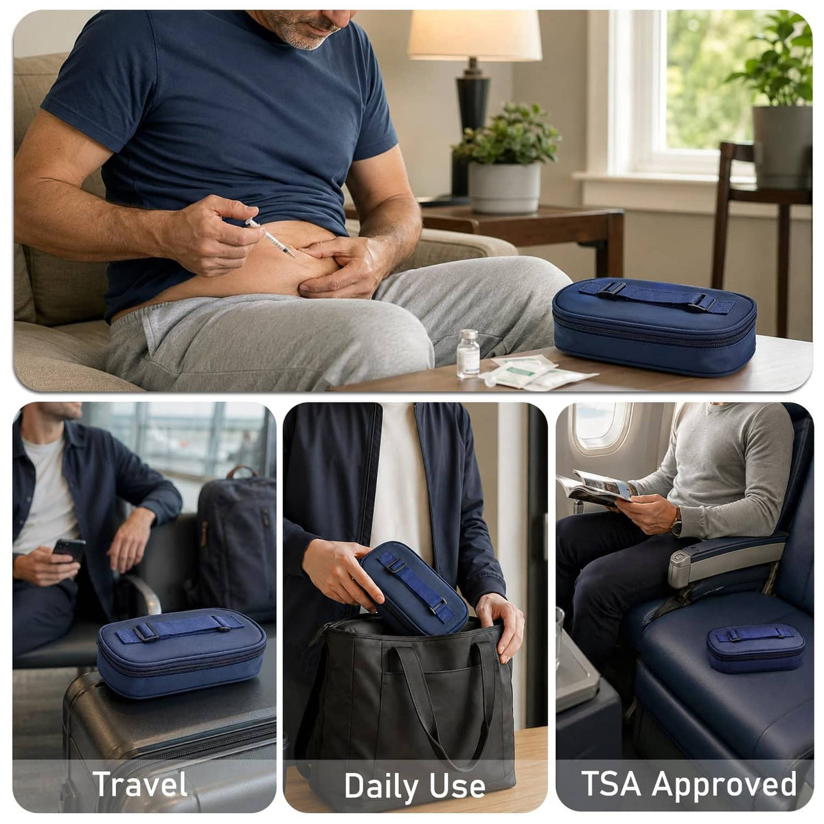 Navy blue insulated insulin cooler case in use with carry handle on travel seat