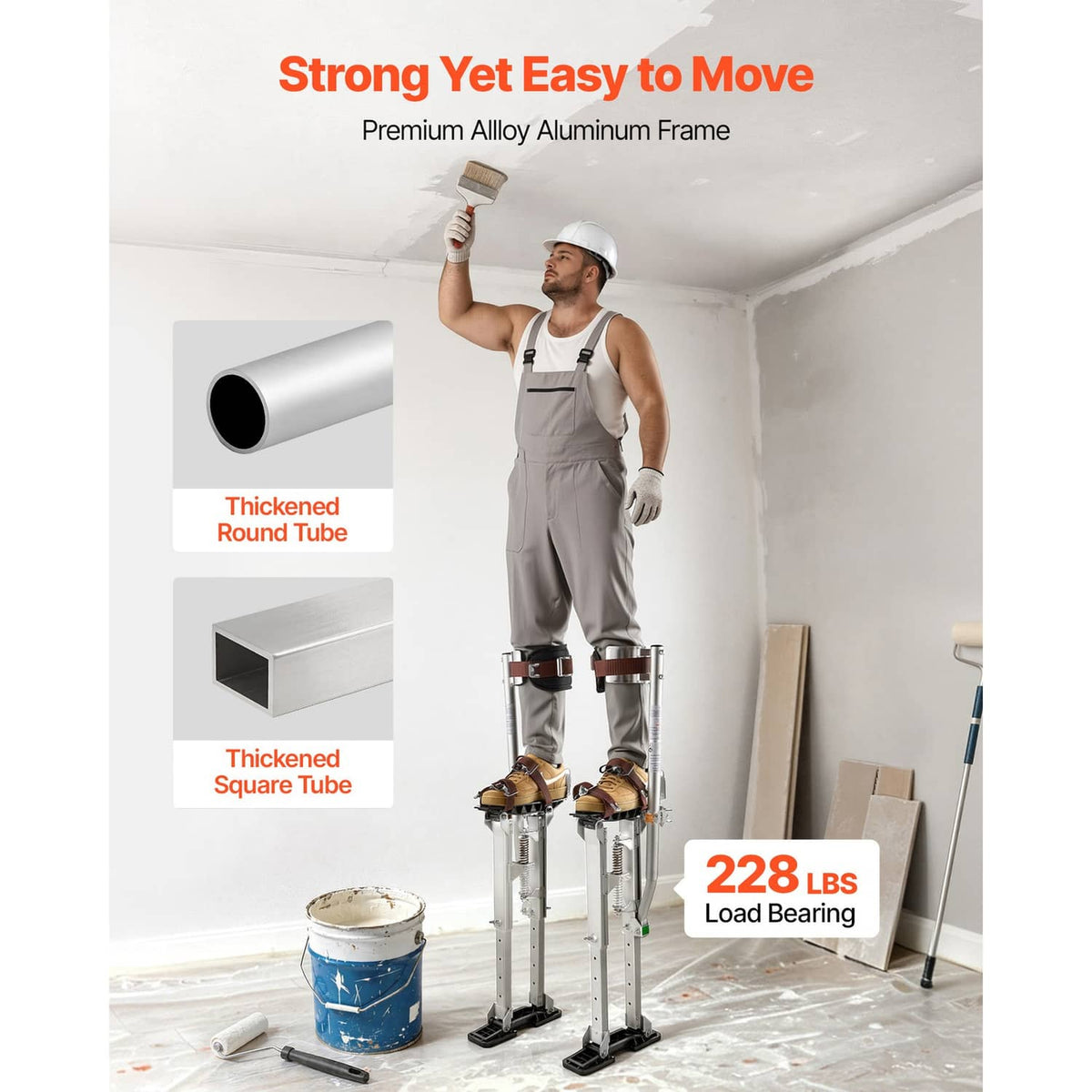 Adjustable aluminum frame drywall stilts with thick round and square tube supports