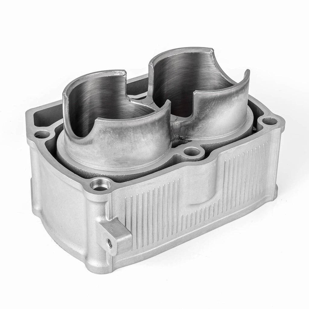 Engine cylinder block assembly with dual bores and cooling fin detailing