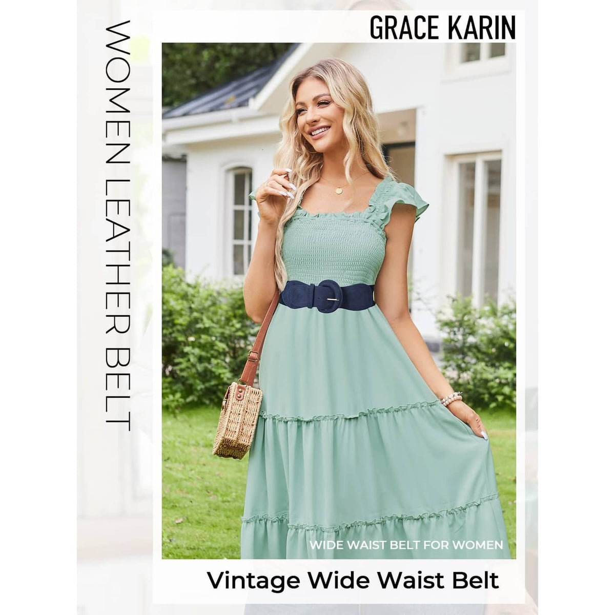 Navy wide elastic waist belt with round hook buckle on dress