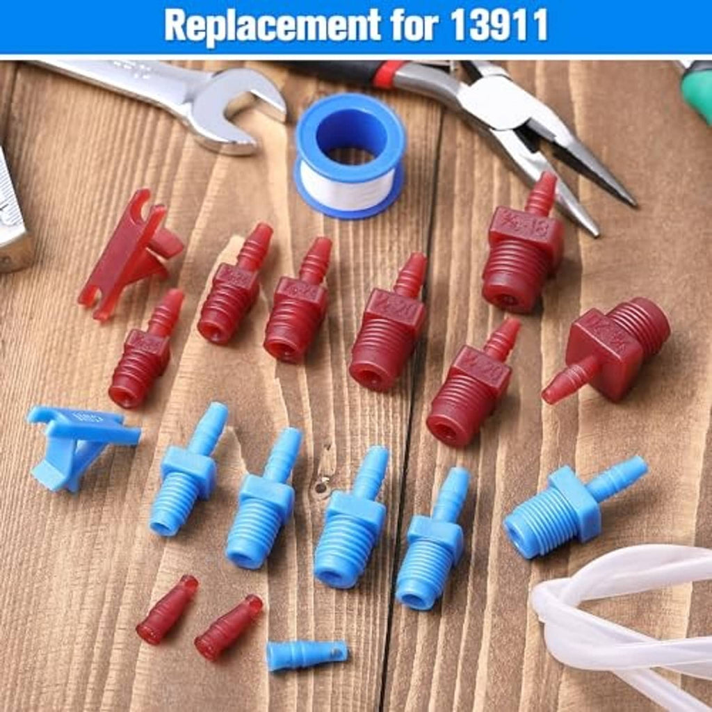Replacement bleeder kit parts with clear hose pieces, blue connectors, and red threaded fittings