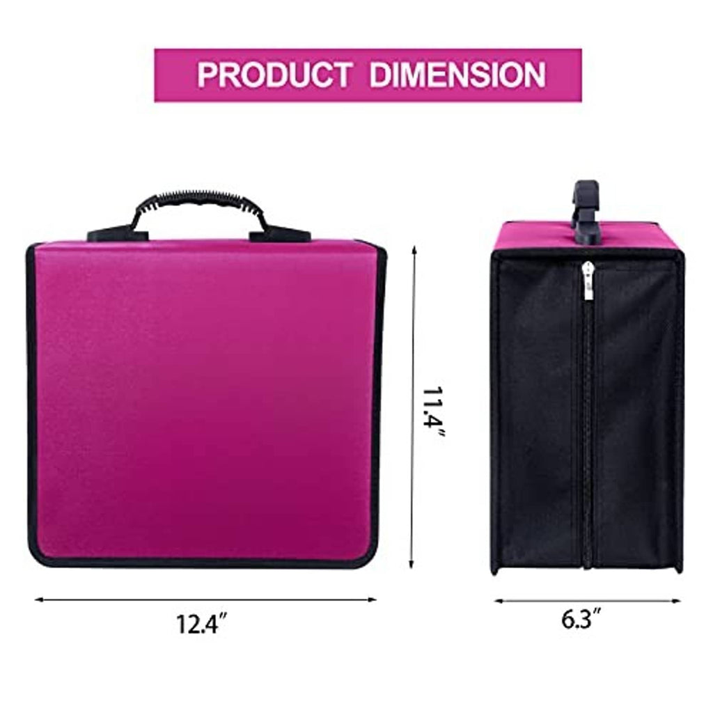 Magenta CD case with black zipper front and carry handle, side and front views