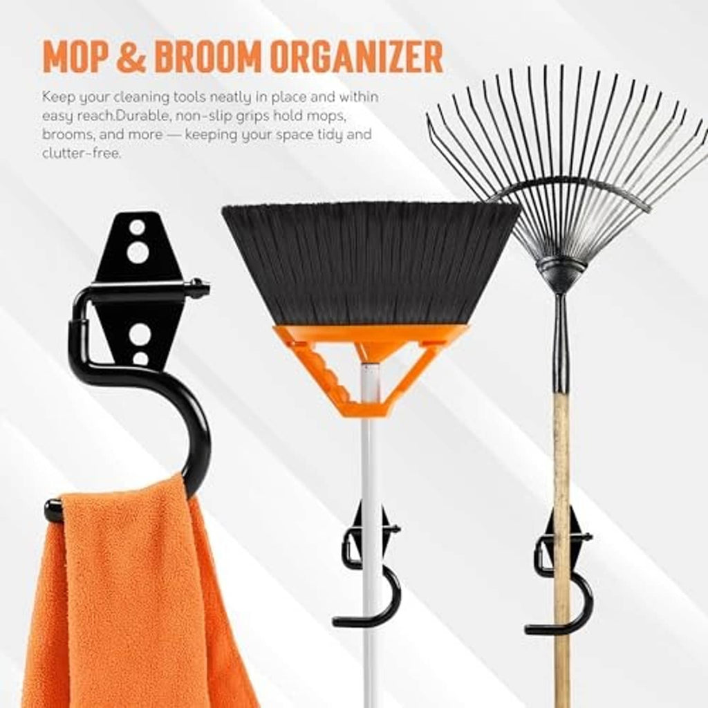 Black mop and broom organizer hooks with U-shaped holders and mounting plate