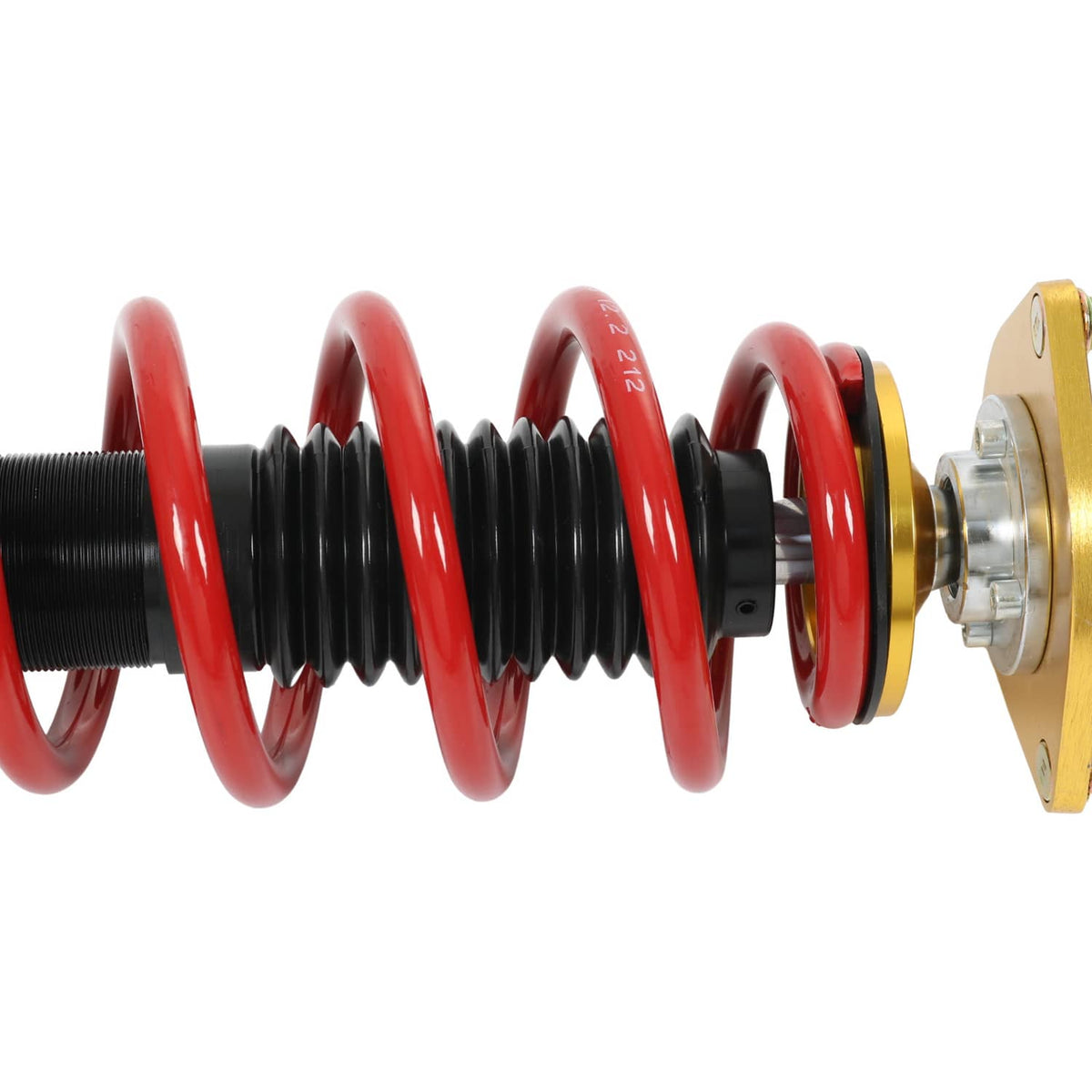 Coilover strut with red spring coils, black body, and gold top mount