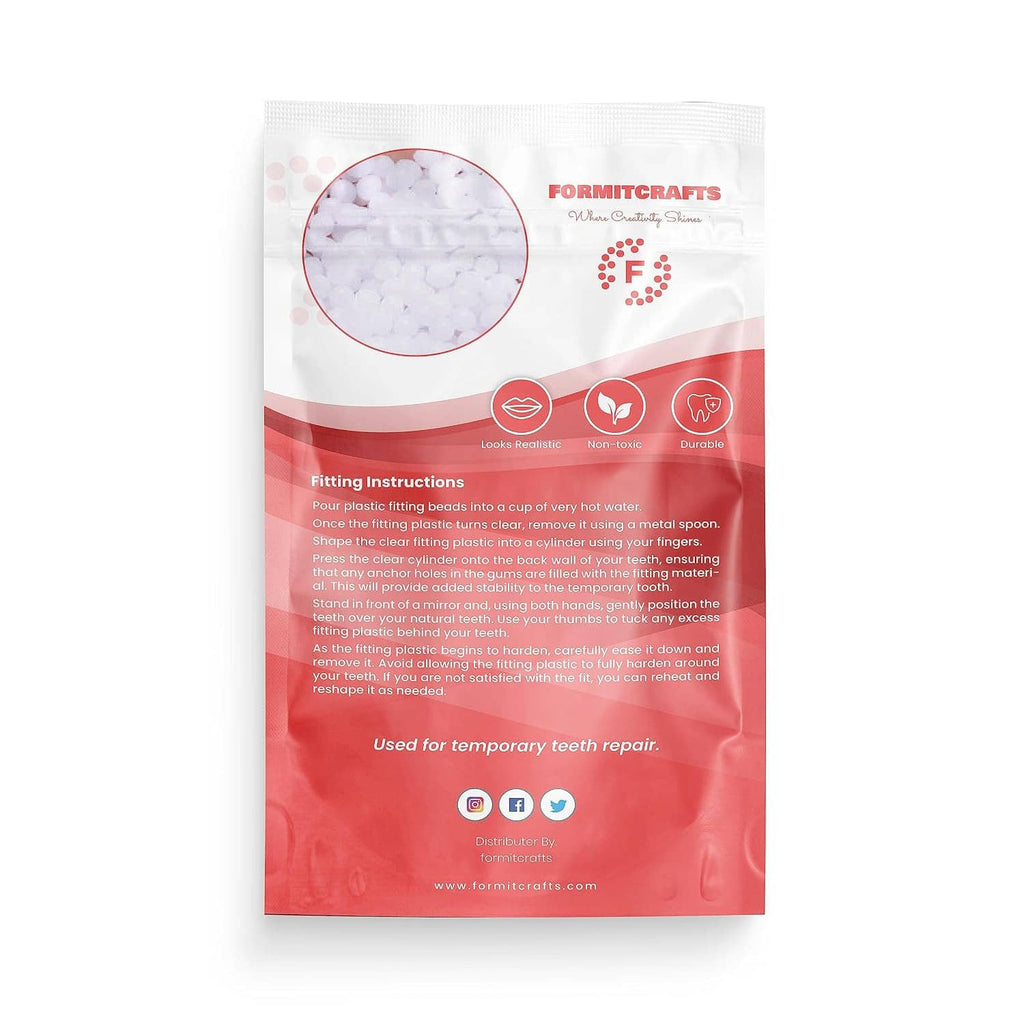 Temporary tooth repair beads pouch back with fitting instructions and bead texture circle
