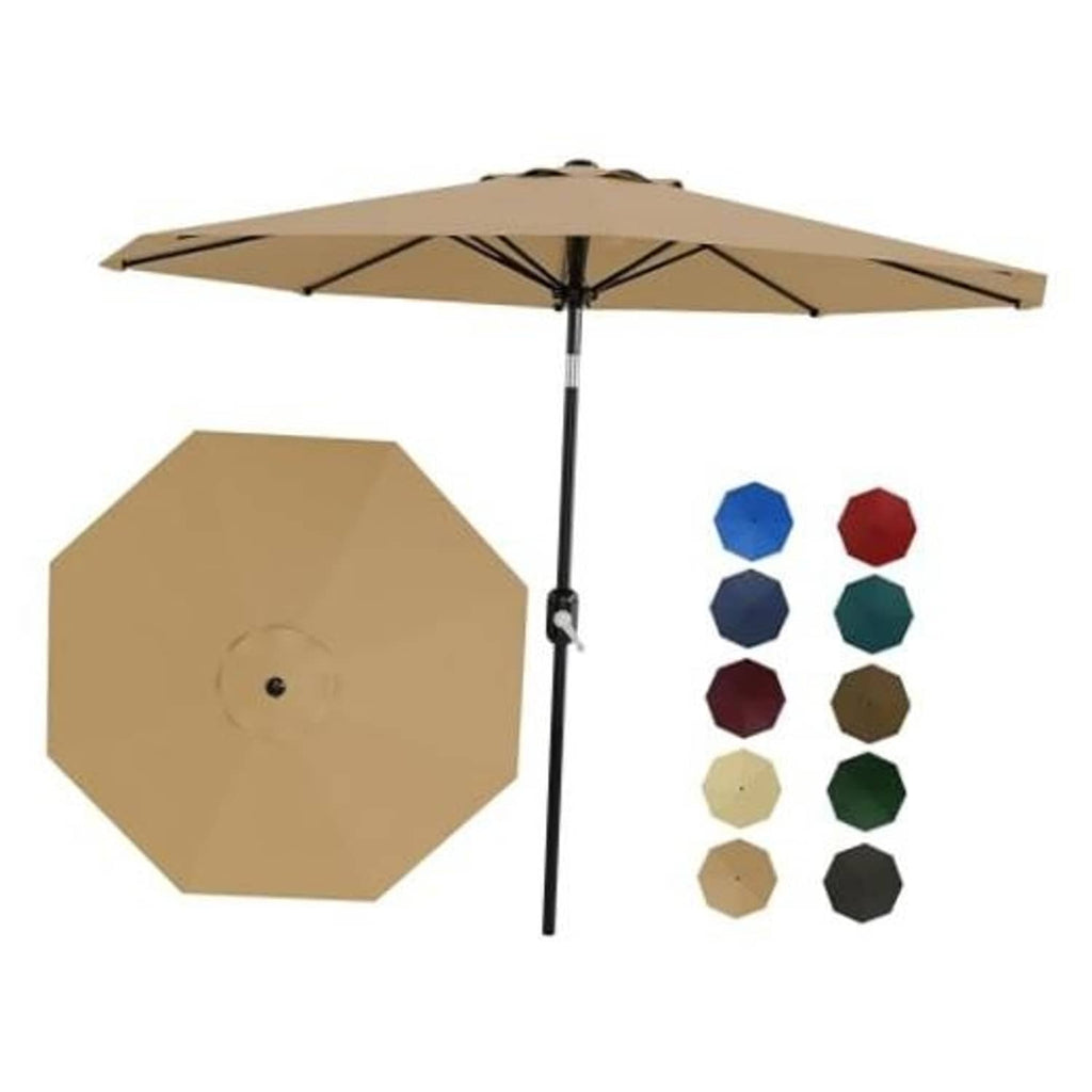 9 ft tan patio umbrella with crank lift and push-button tilt, showing color options