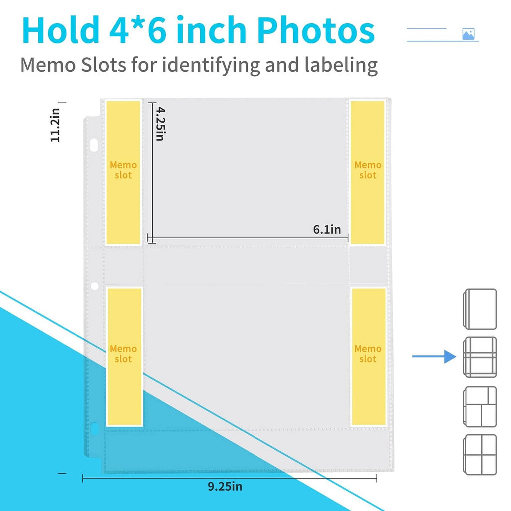 4x6 photo sleeve sheet with memo slots and measurements for 3-ring binders