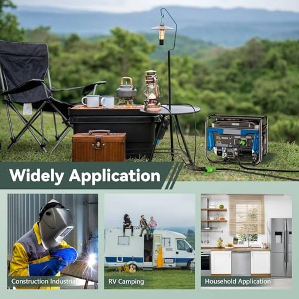 Black power cord with green RV generator adapter shown in-use with equipment