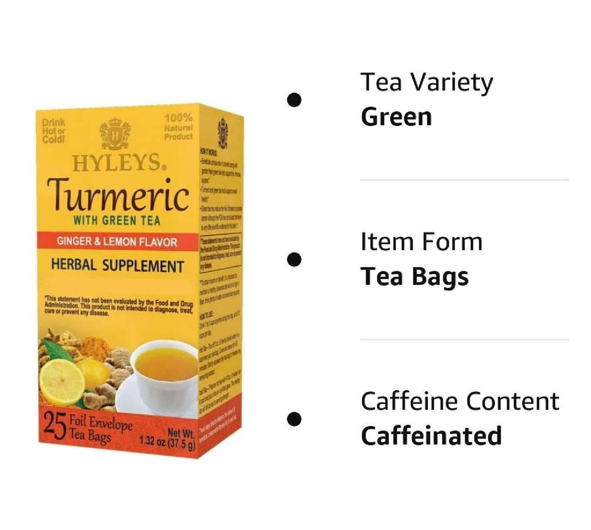 Turmeric green tea herbal supplement tea bag box with tea variety and caffeine info