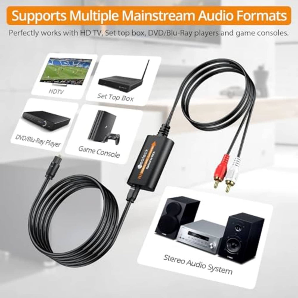 Optical-to-RCA DAC converter with RCA output cables and connected audio plugs
