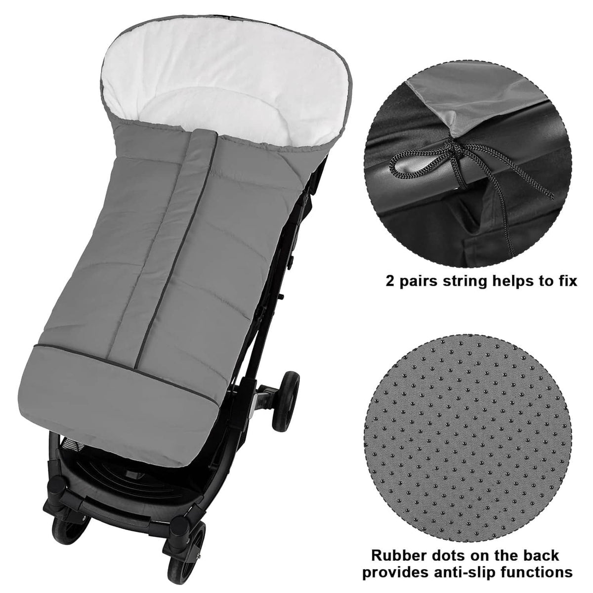Gray stroller footmuff with zipper flap and rubber anti-slip dots on back