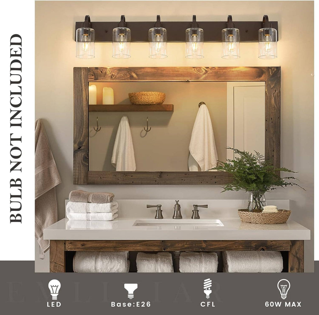 Six-light bathroom vanity light with dark bronze bar and clear glass cylinder shades