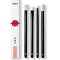 4 eye makeup brushes with black handles and cream goat-hair bristles in a sleeve