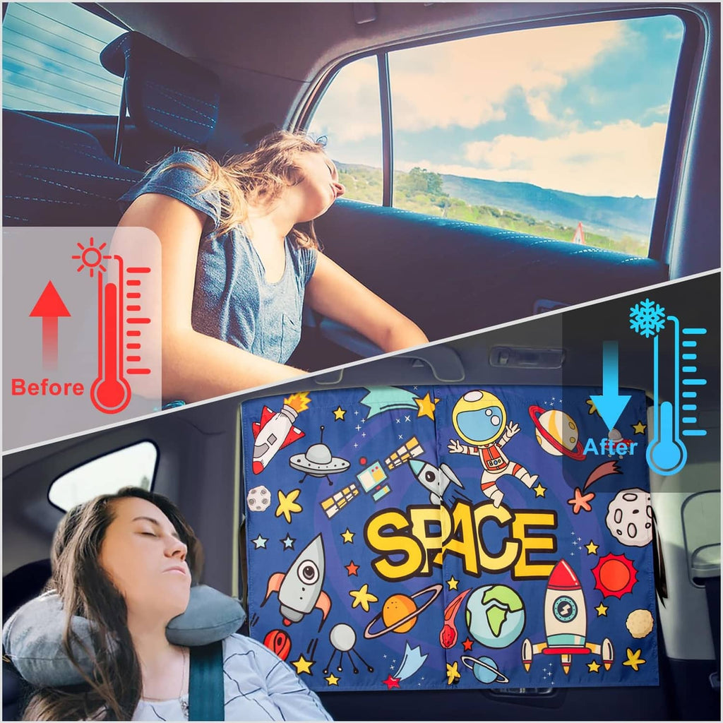 Blue space-pattern car window shade on rear side window for sun and heat protection