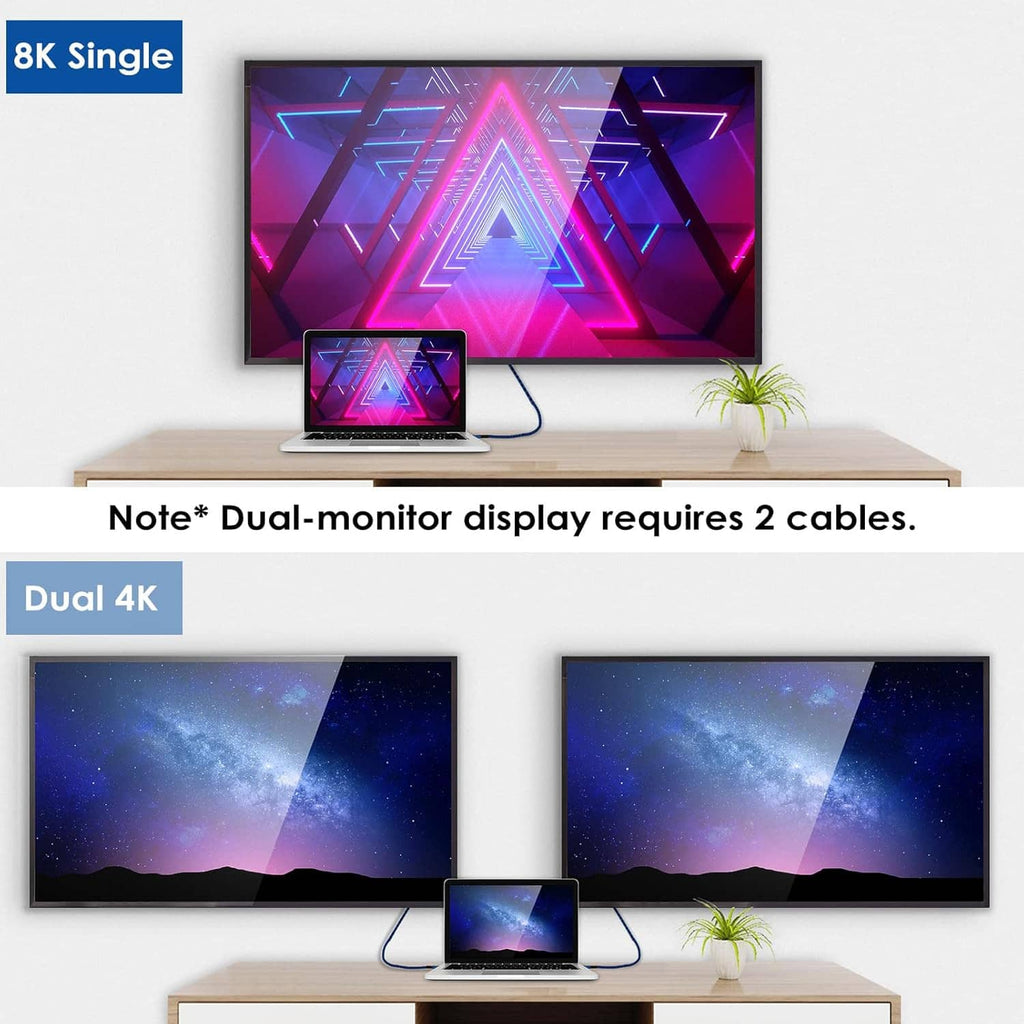 Thunderbolt 4 cable for dual-monitor display; requires 2 cables