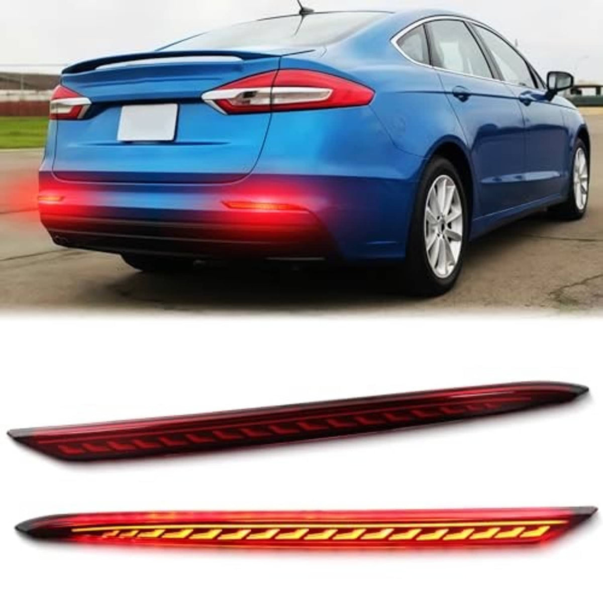 Rear bumper LED reflector light for car, red lens with glowing LED bar strip