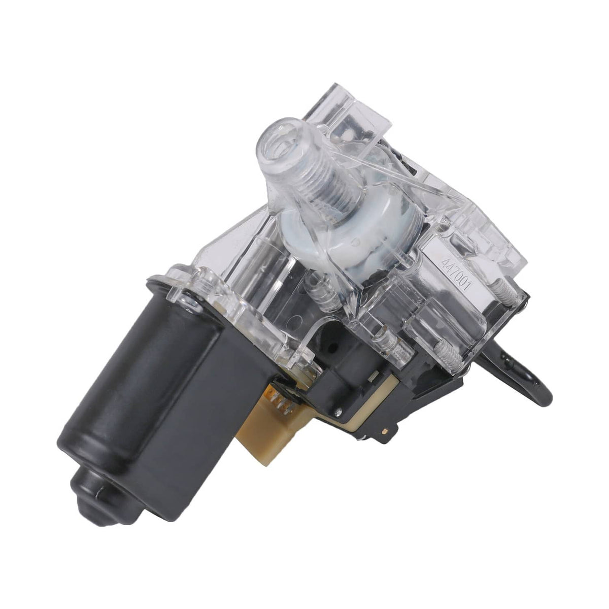 Rear trunk pull-down motor housing with switch, compact clear and black unit with bracket