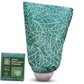 Green plant frost cover with white leaf pattern, open top, drawstring hem