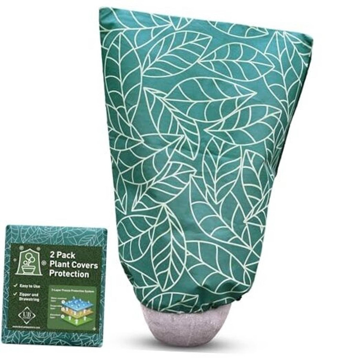 Green plant frost cover with white leaf pattern, open top, drawstring hem