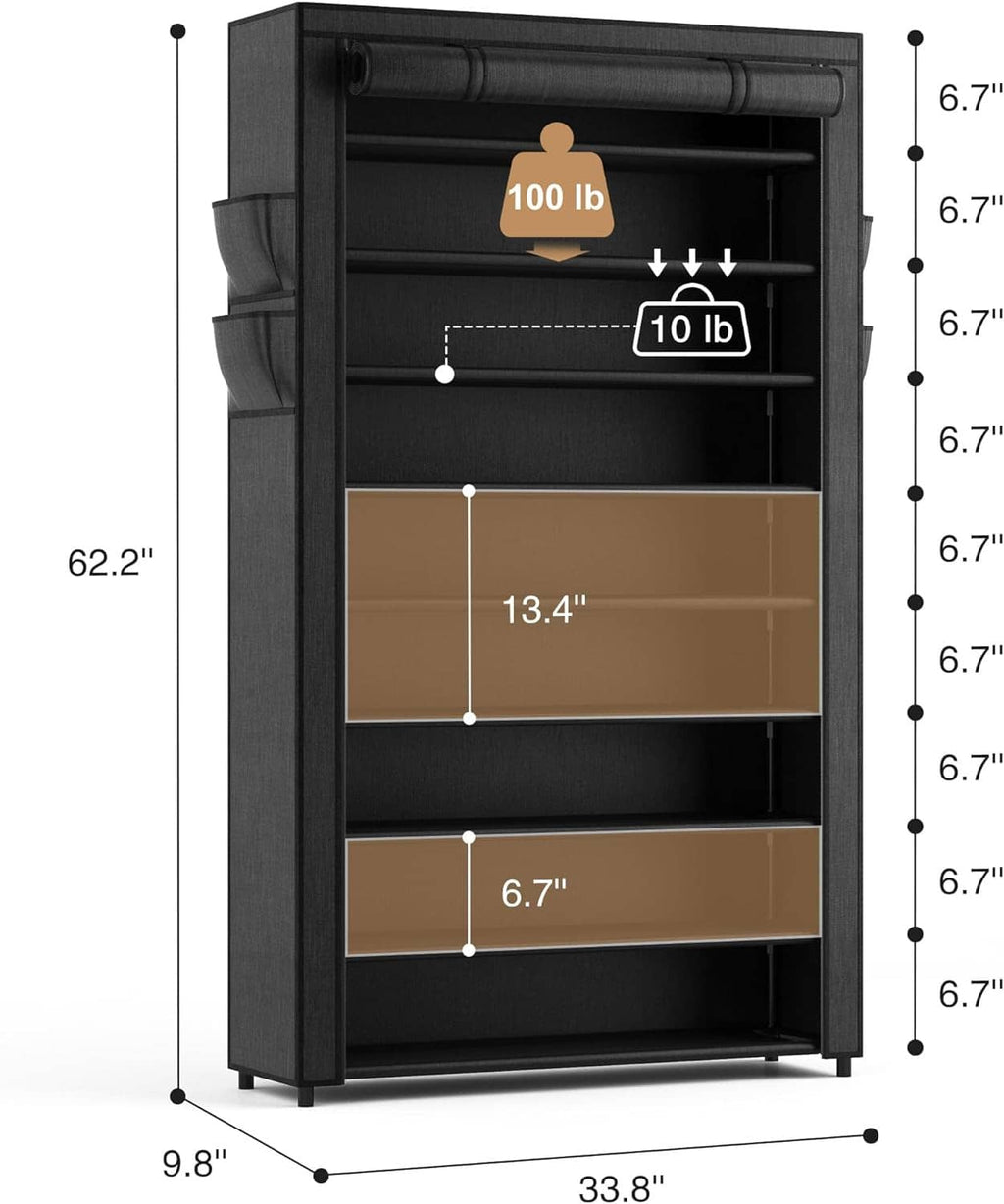 Tall black shoe cabinet rack with fabric cover and front door, shown with size markers