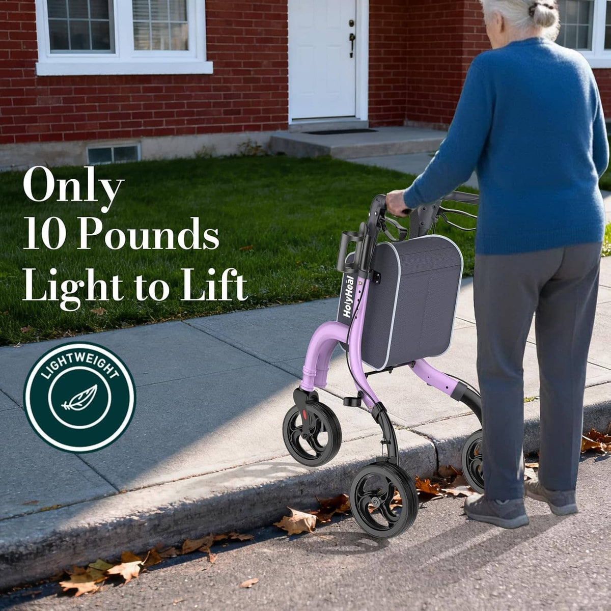 3-wheel rollator with purple frame and black storage bag beside stairs