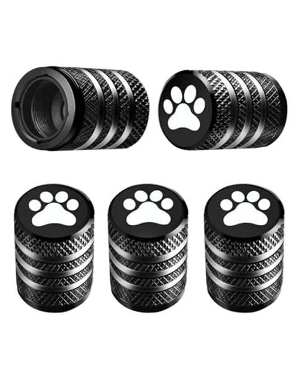 Set of five black metal tire valve stem caps with paw print emblem and ridged grip.
