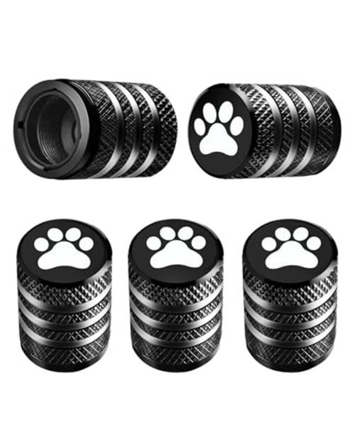 Set of five black metal tire valve stem caps with paw print emblem and ridged grip.