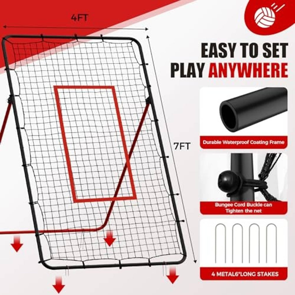 Portable rebounder net with square red target, black mesh panel, and 4 metal long stakes.