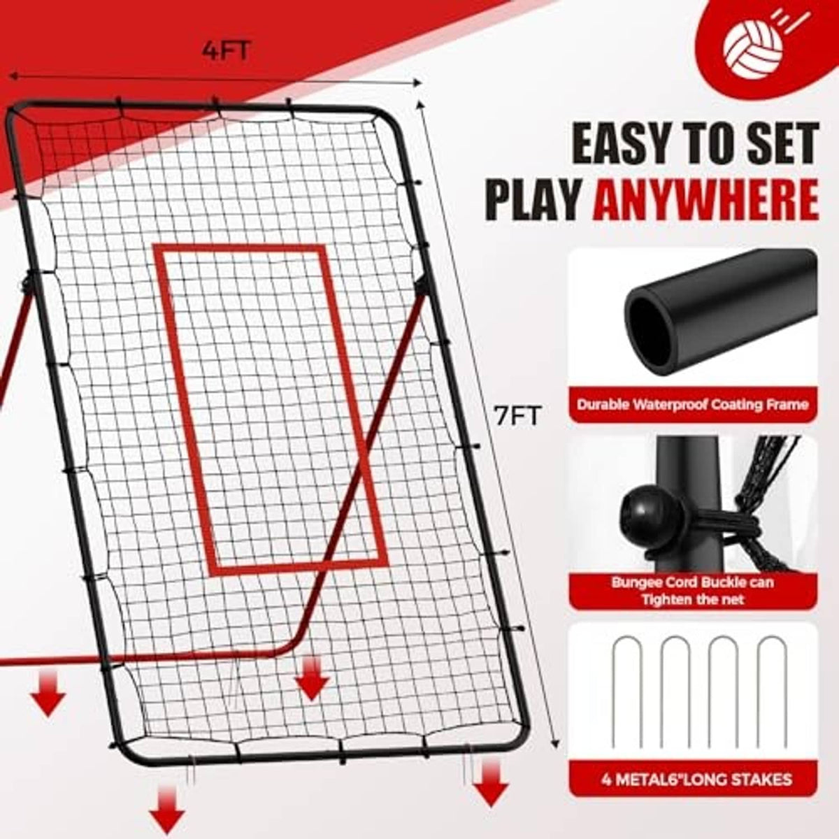 Portable rebounder net with square red target, black mesh panel, and 4 metal long stakes.