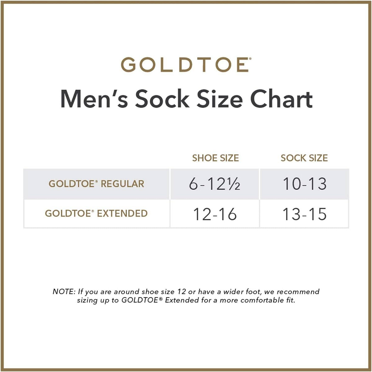 GOLD TOE men's sock size chart with regular and extended shoe size ranges