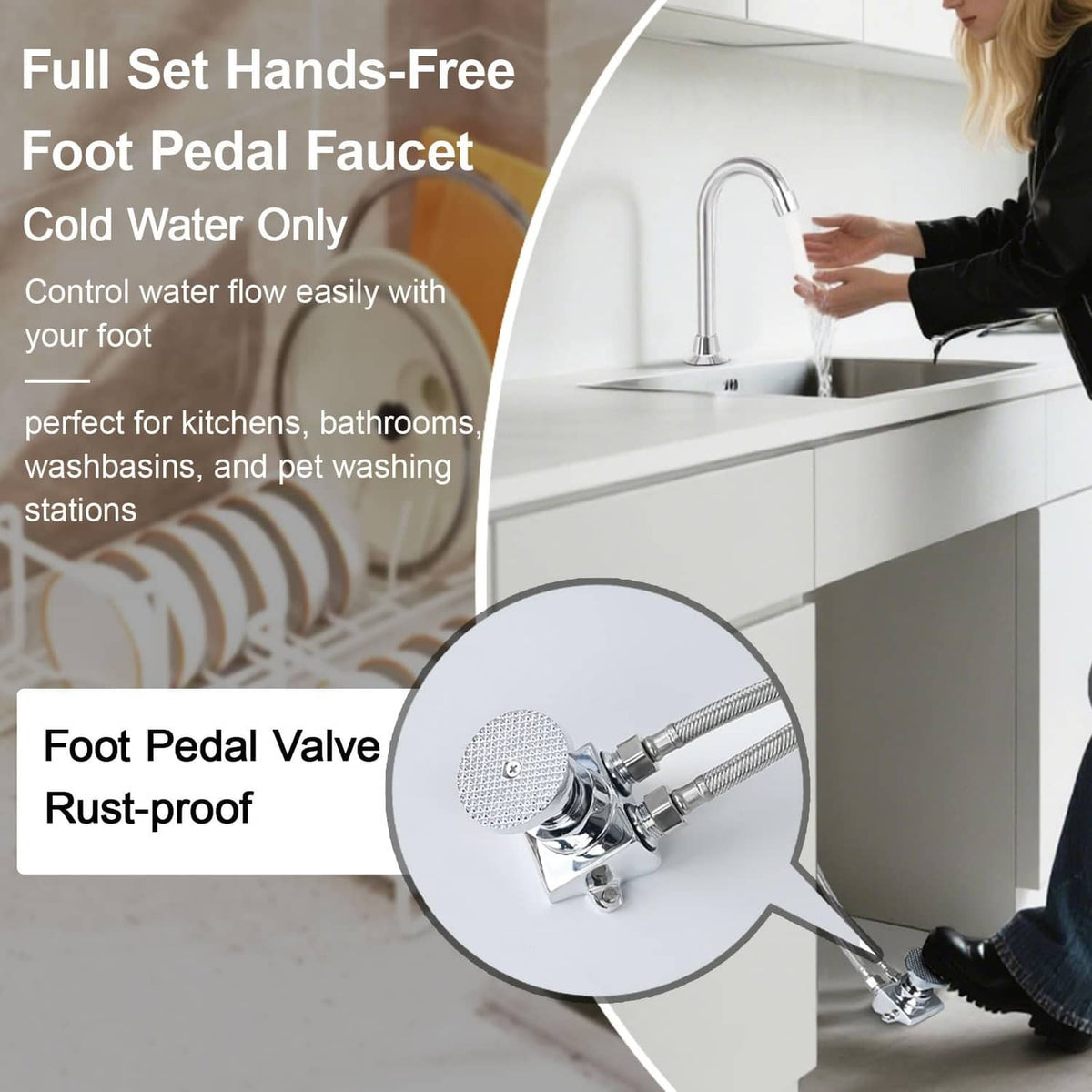 Hands-free foot pedal faucet set with chrome spout, braided hoses, and textured pedal valve