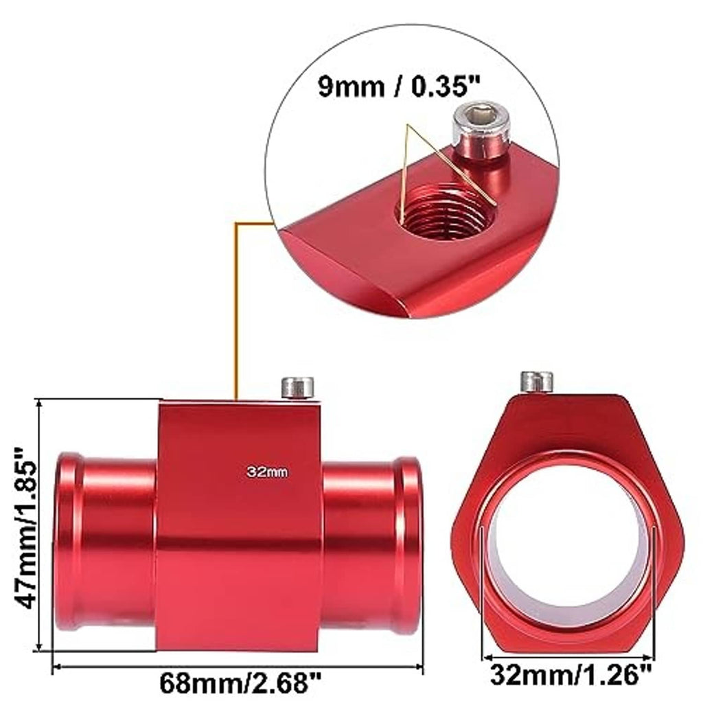 Red 32mm aluminum hose adapter with size diagram (68mm length, 47mm width, 9mm bore)