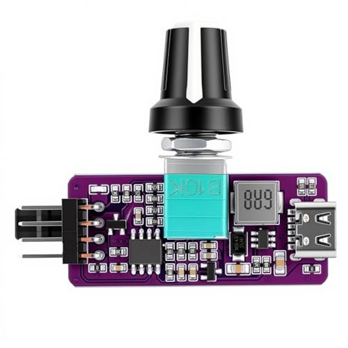 PWM fan speed adapter controller PCB with black dial, teal module, display panel, purple board
